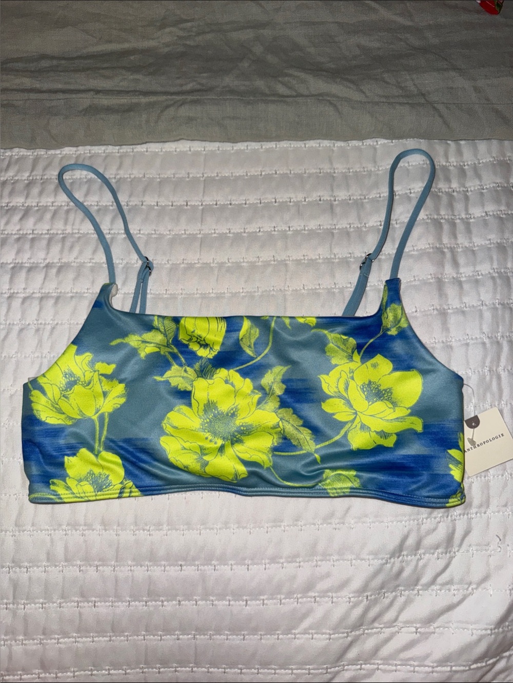 Blue Floral Crop Bralette with Neon Yellow Blooms - Picture 2 of 5